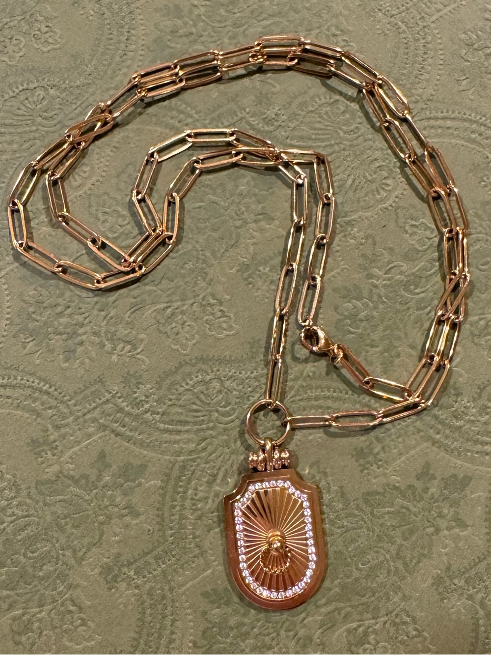 Gold Plated White Stone Medallion/Tag Style Pendant Necklace 28”